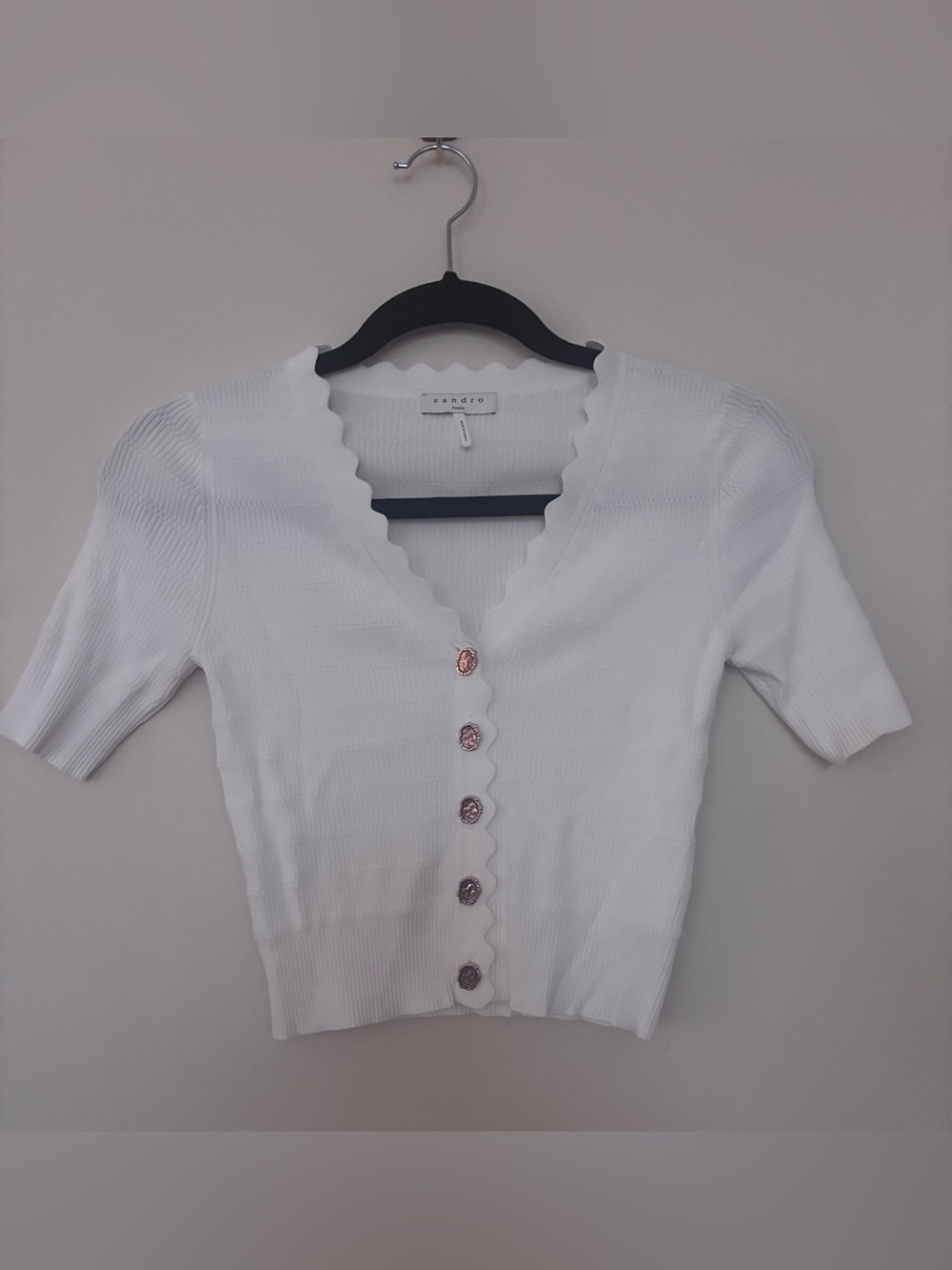 Sandro Paris Cecil Cropped Scalloped Knit Cardigan White Size 1